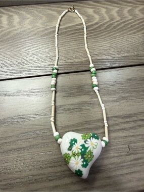 White & Green Heart Pendant Necklace with Floral Accent